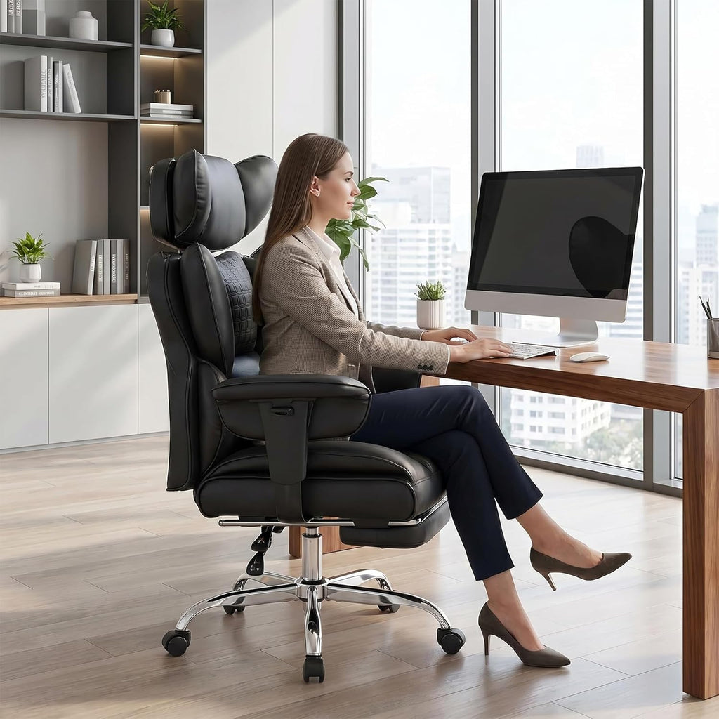 DUMOS Big and Tall Home Office Desk Chair, Gaming Computer Chair, Executive Ergonomic Chair with Footrest, High Back Reclining, Adjustable Armrests and Comfy Lumbar Support, PU Leather, Black