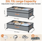 Under Bed Storage with Wheels, 72L XXL Under the Bed Storage Containers Large, 10‘’ Tall Adjustable Storage for Underbed with Lids, Rolling for Shoes, Clothes, Blankets, Grey