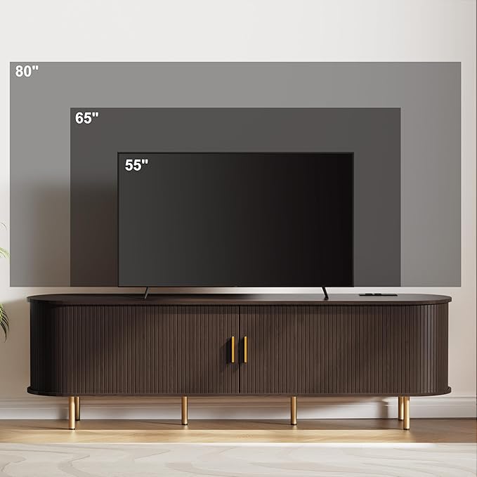 DHH 70.8 Inch Mid Century Modern TV Stand with Power Outlet for TVs up to 80 Inch, Entertainment Center with Storage and Adjustable Shelves, Media Console with Sliding Doors for Living Room(Brown)