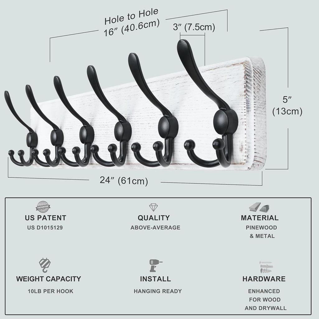 Dseap Coat Rack Wall Mounted - 24" Long 6 Tri Hooks, Heavy Duty Wooden Wall Coat Hanger Coat Hook for Clothes Hat Jacket Clothing, White and Black, Pack of 2