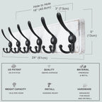 Dseap Coat Rack Wall Mounted - 24" Long 6 Tri Hooks, Heavy Duty Wooden Wall Coat Hanger Coat Hook for Clothes Hat Jacket Clothing, White and Black, Pack of 2