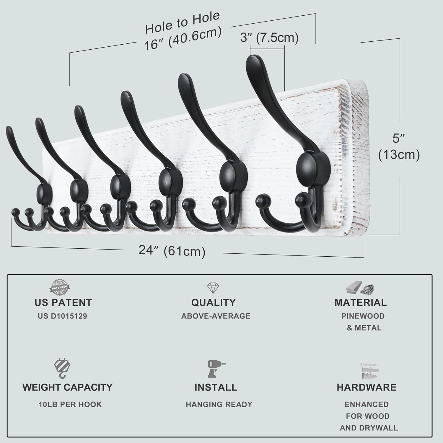 Dseap Coat Rack Wall Mounted - 24" Long 6 Tri Hooks, Heavy Duty Wooden Wall Coat Hanger Coat Hook for Clothes Hat Jacket Clothing, White and Black, Pack of 2