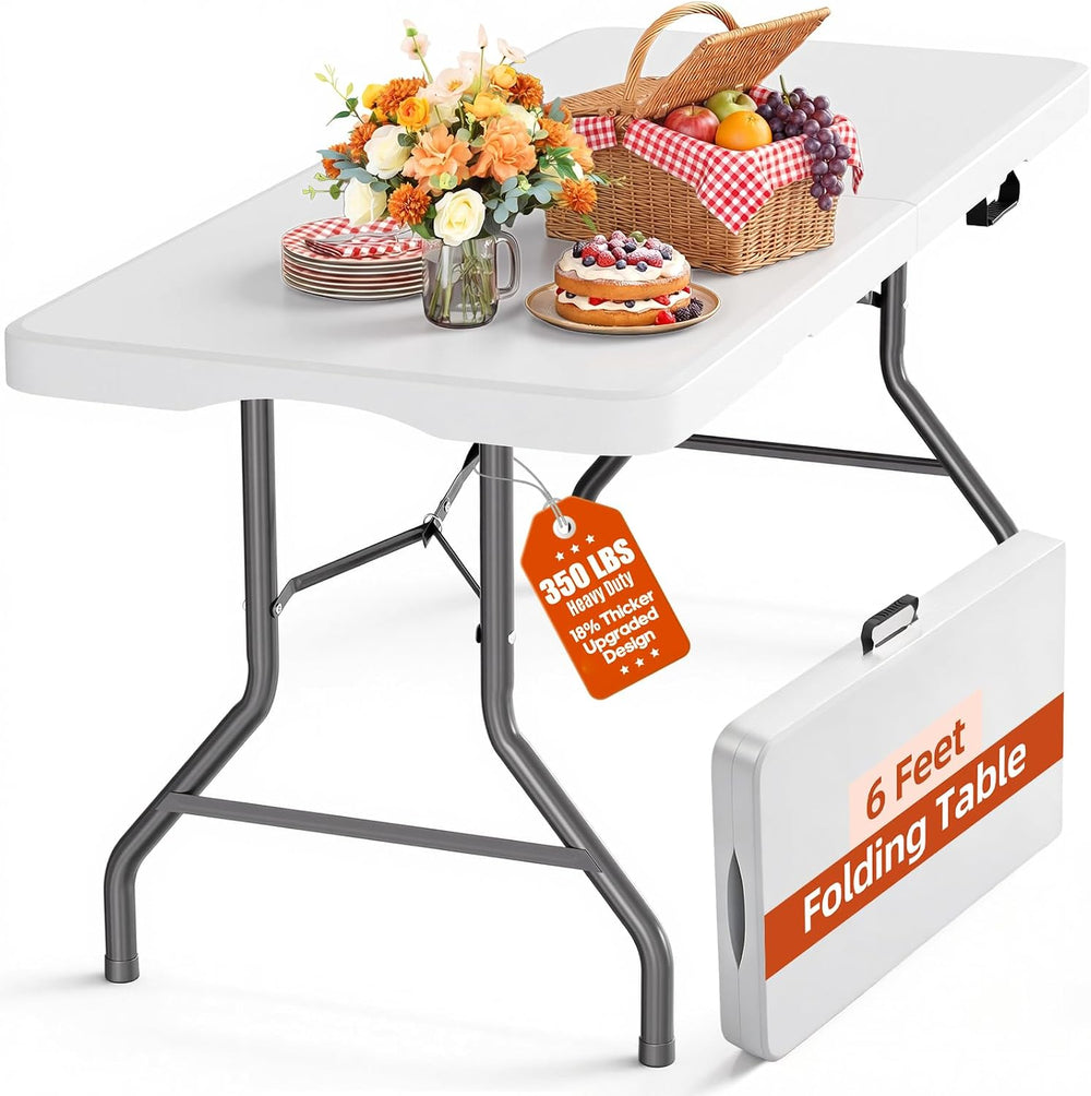 SKONYON 6ft Folding Table Heavy Duty 350 LBS Foldable Table with 18% Thicker ...