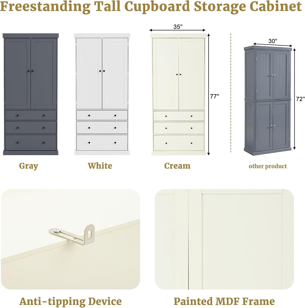 77" Tall Kitchen Pantry Cabinet, Pantry Storage Cabinet with 2 Door 3 Dr...