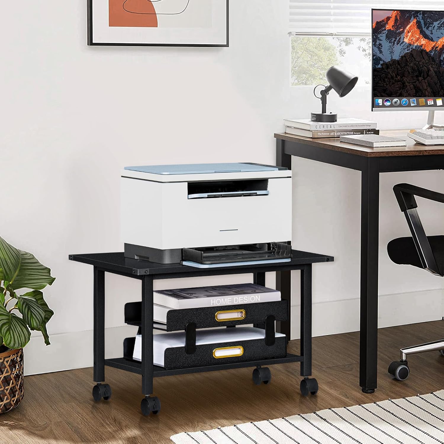 Lerliuo Under Desk Printer Stand, 2-Tier Industrial Mobile Printer Table with Storage Shelf and Steel Frame, Rolling Printer Cart Holder with Lockable Wheels for Home, Office (Black)