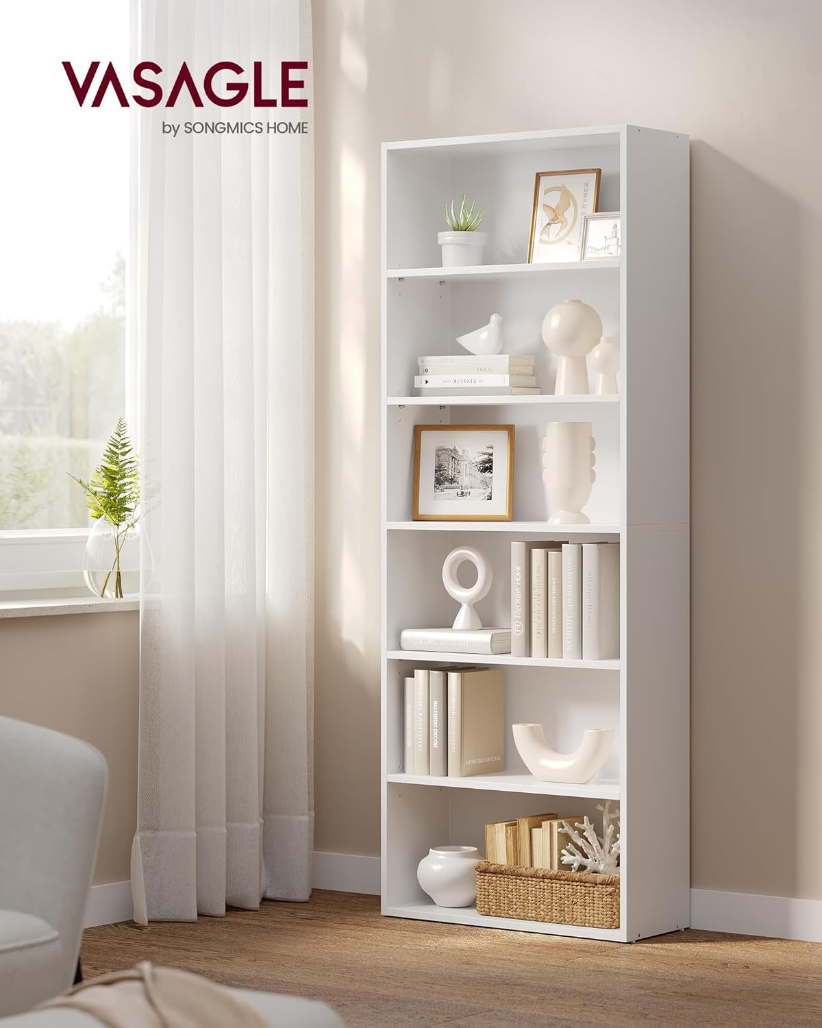 VASAGLE CUSTOS Collection - Bookshelf, 6-Tier Bookcase, Book Shelf, Open Storage Shelf, 9.4 x 23.6 x 63.3 Inches, for Living Room, Home Office, Dinning Room, Cloud White ULBC166T14