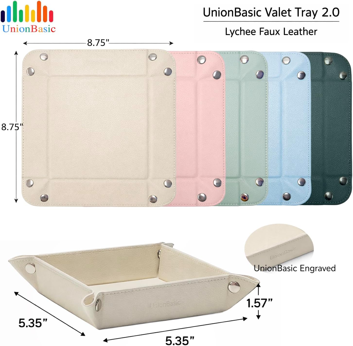 UnionBasic Small Jewelry Tray for Rings Watches Earrings, Entryway Catchall Caddy for Coins Keys Change, Nightstand Bedside Valet Holder, Trays for Electronic Gadgets, Lychee Pale Blue