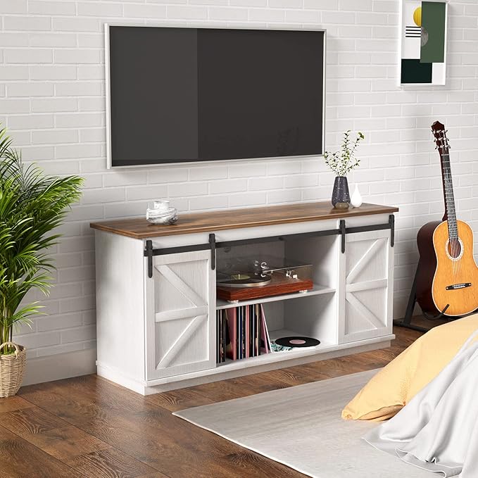 YESHOMY Farmhouse TV Stand for Televisions up to 65 Inches, Sliding Barn Doors and Storage Cabinets, Console Table and Media Furniture for Living Room, 58 Inch, Milk White