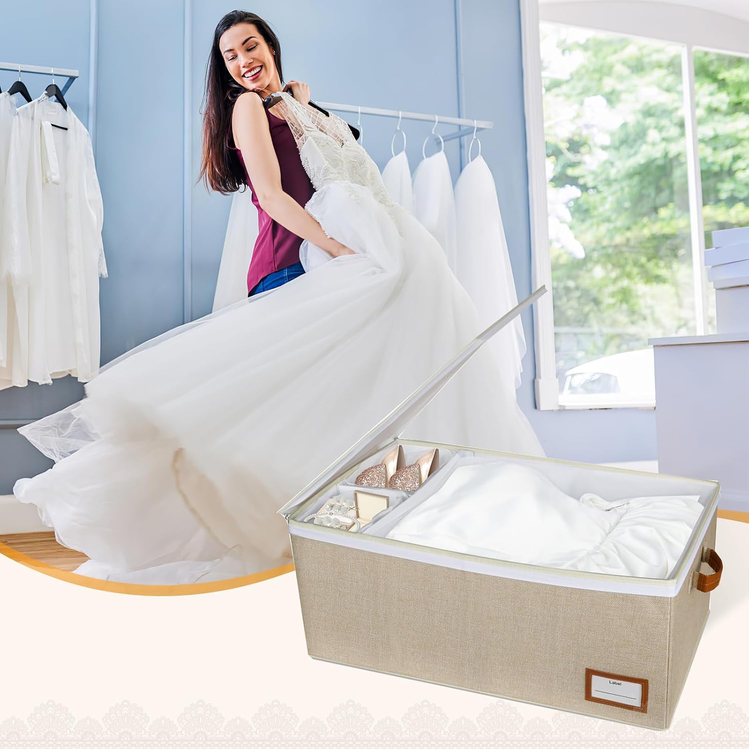 Lukeline Wedding Dress Storage Box, Wedding Dress Preservation Box with Divider, Foldable Organizer with 1 Pair of Microfiber Gloves and 20 Sheets of Acid-Free Paper for Gowns,Souvenirs