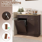 Tilt Out Trash Cabinet, Laundry Cabinet with 2 Drawers & Adjustable Shelf, Rubber Wood Counter Top, Recycle Bins for Dining Room, Kitchen (Brown)