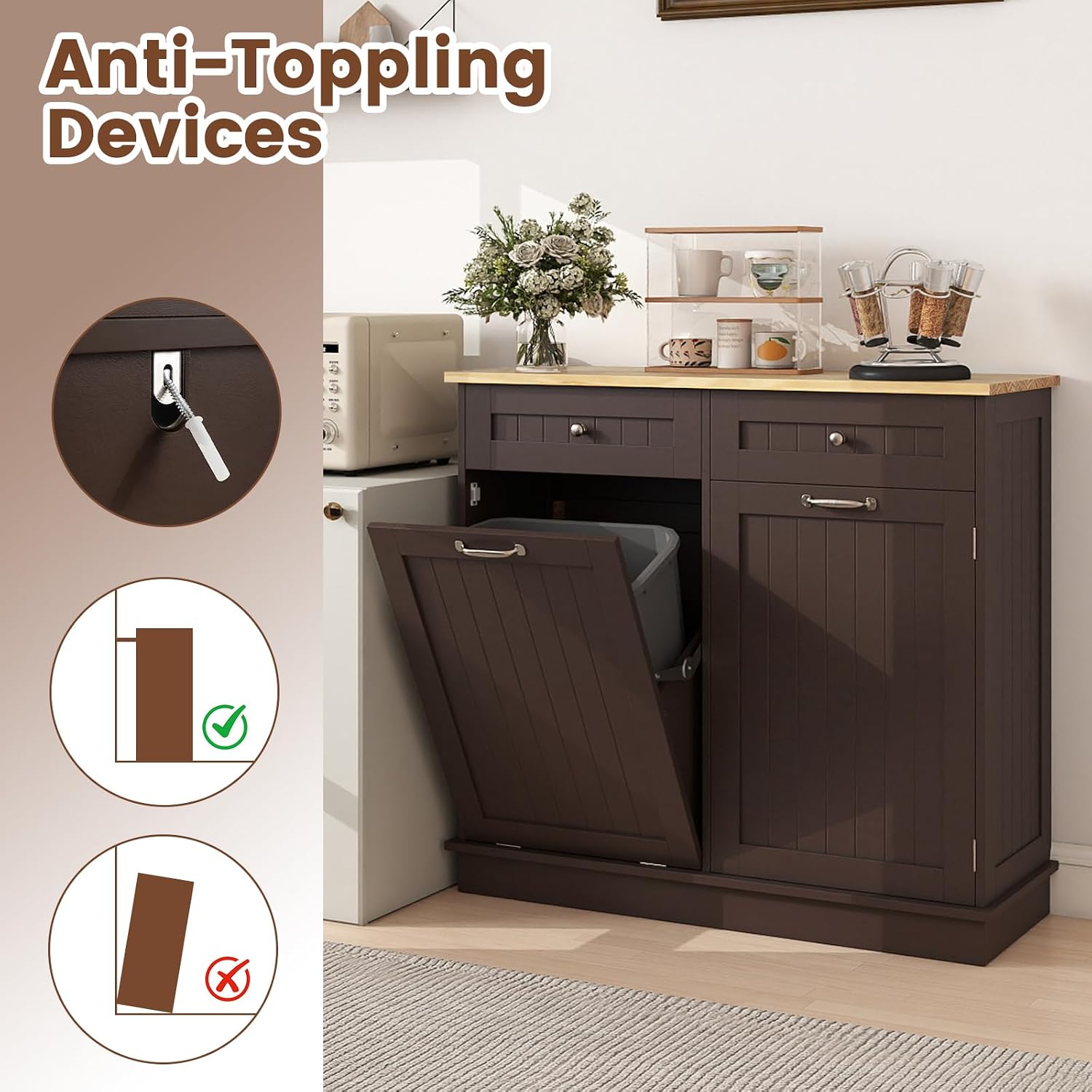 Tilt Out Trash Cabinet, Laundry Cabinet with 2 Drawers & Adjustable Shelf, Rubber Wood Counter Top, Recycle Bins for Dining Room, Kitchen (Brown)
