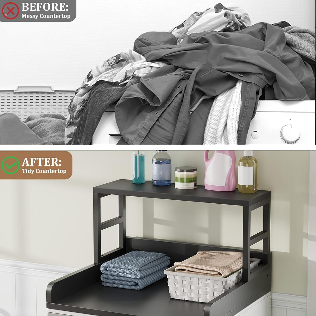 Washer Dryer Countertop with Shelf, 23.62″D x 23.62″W x 16.57″H, Countertop for Washer and Dryer Top with Non-Slip Pads and Edge Rails, Laundry Room Storage and Organization(Black)
