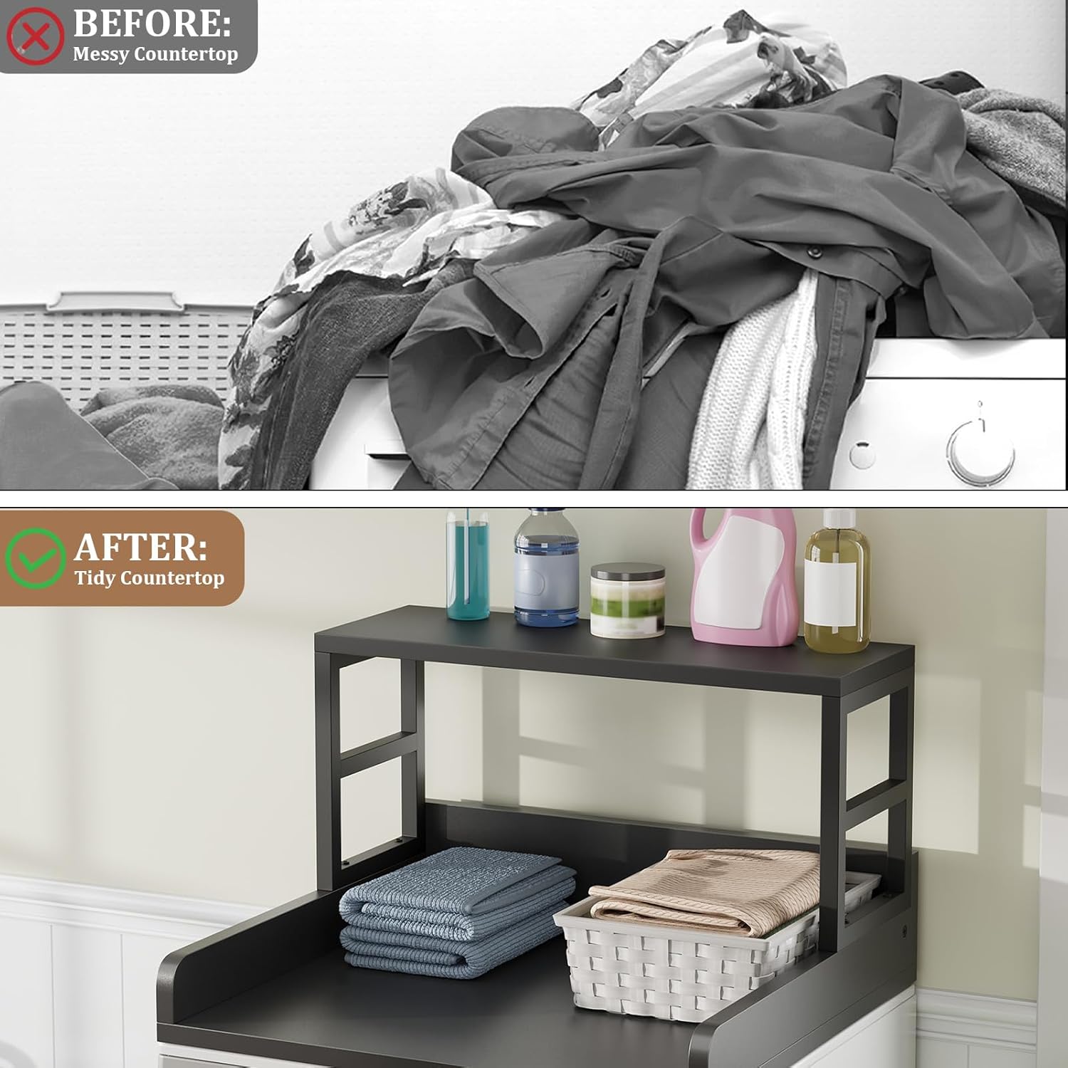 Washer Dryer Countertop with Shelf, 27.5″D x 27.5″W x 16.7″H, Countertop for Washer and Dryer Top with Non-Slip Pads and Edge Rails, Laundry Room Storage and Organization(Black)