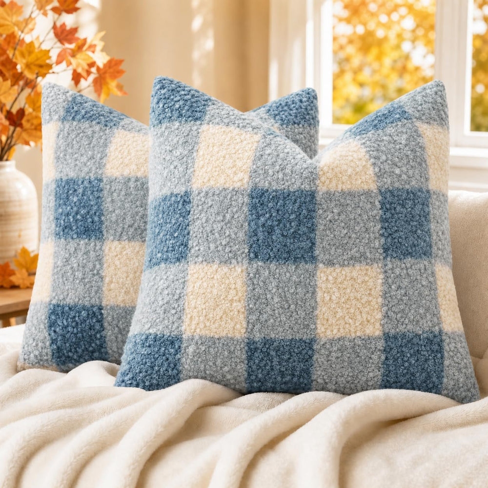 decorUhome Faux Fur Plaid Throw Pillow Covers 24X24 Set of 2 Dusty Blue