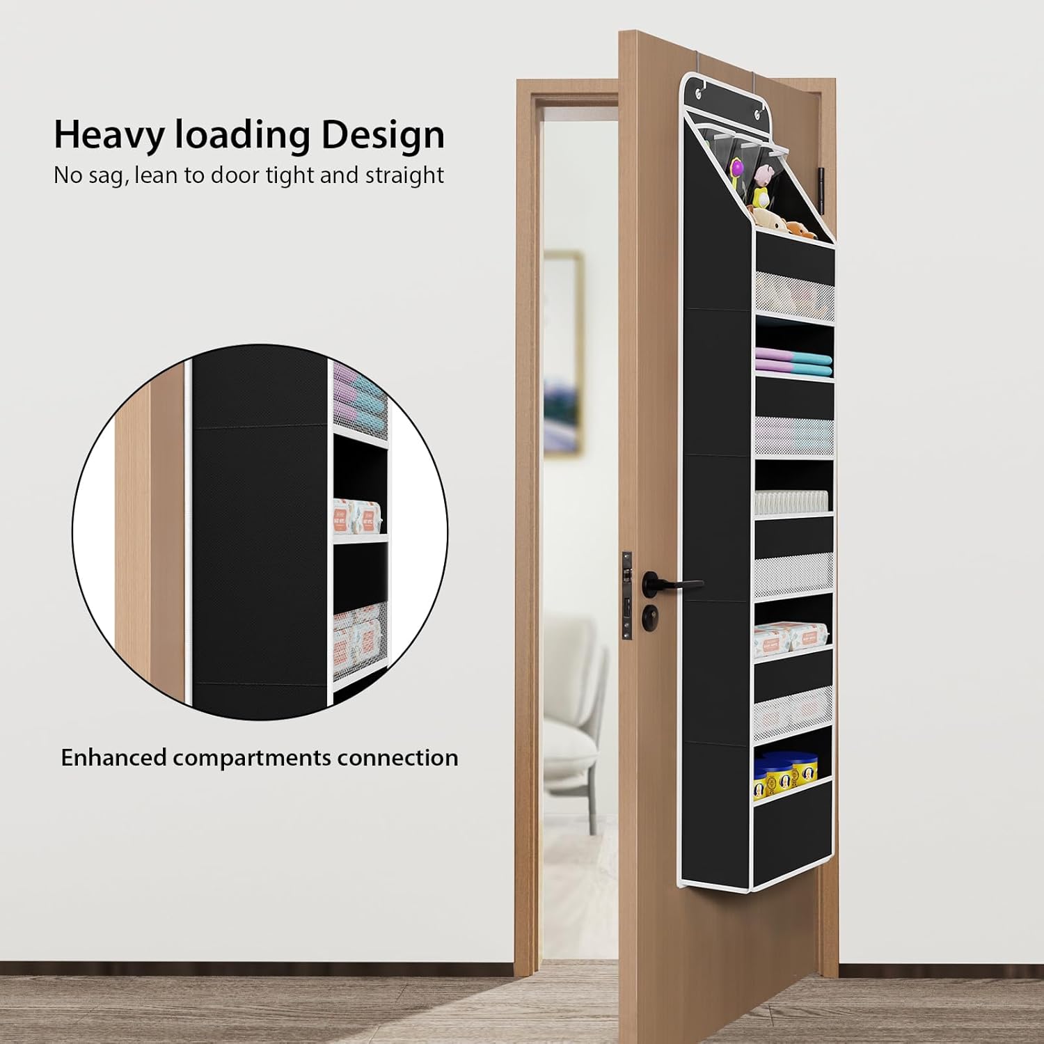 Univivi 6-Shelf Over Door Hanging Organizer Fabric Baby Door Storage with 5 Large Pockets and 3 Small PVC Pockets Wall Mount Hanging Storage Organizers for Baby Essential (Black)