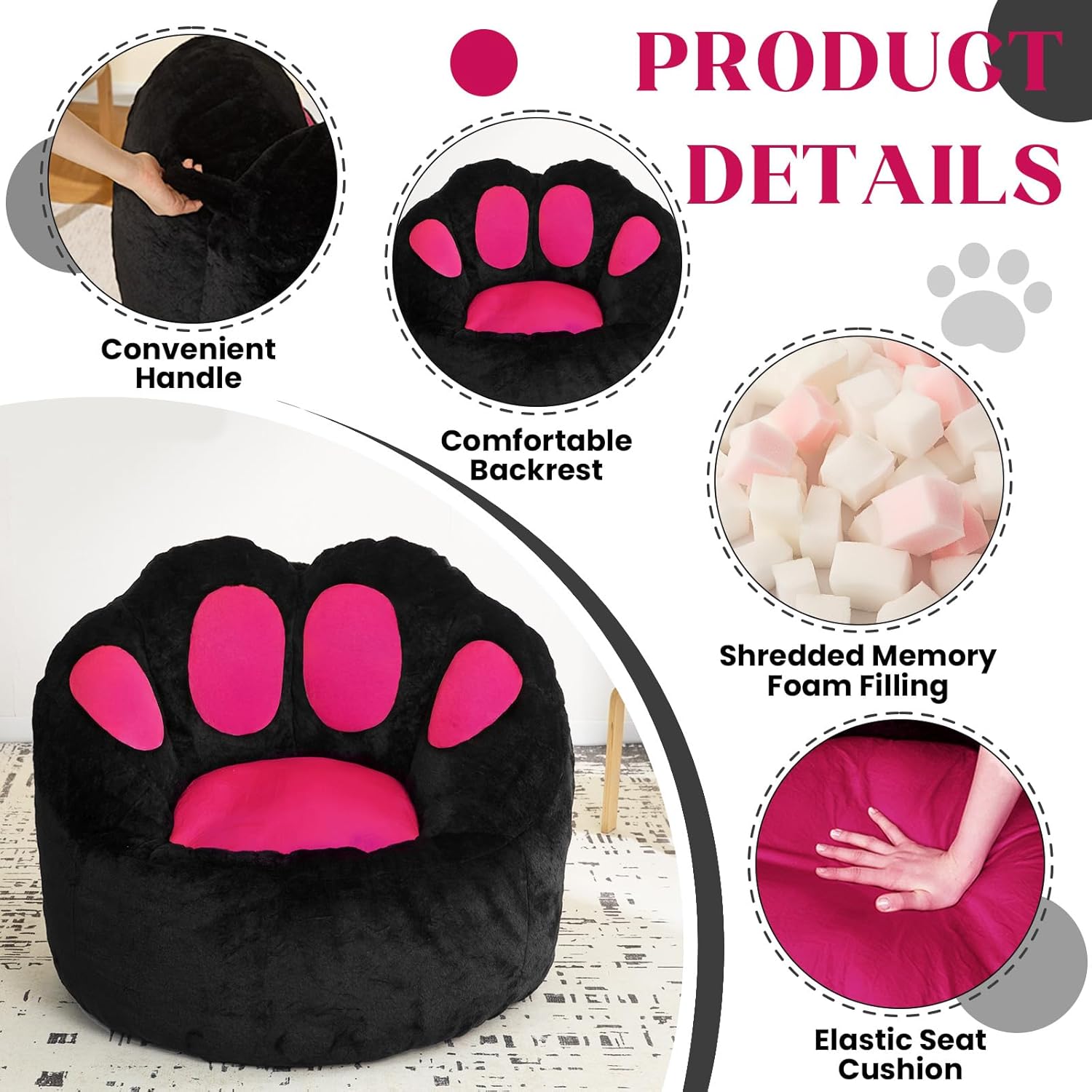 Achicsofar Bean Bag Chair for Adults Teens, Gaint Faux Fur Cat's Paw Shape Beanbag Chairs Memory Foam Filled Accent Floor Sofa for Reading, Gaming, Relaxing in Living Room, Bedroom, Dorm