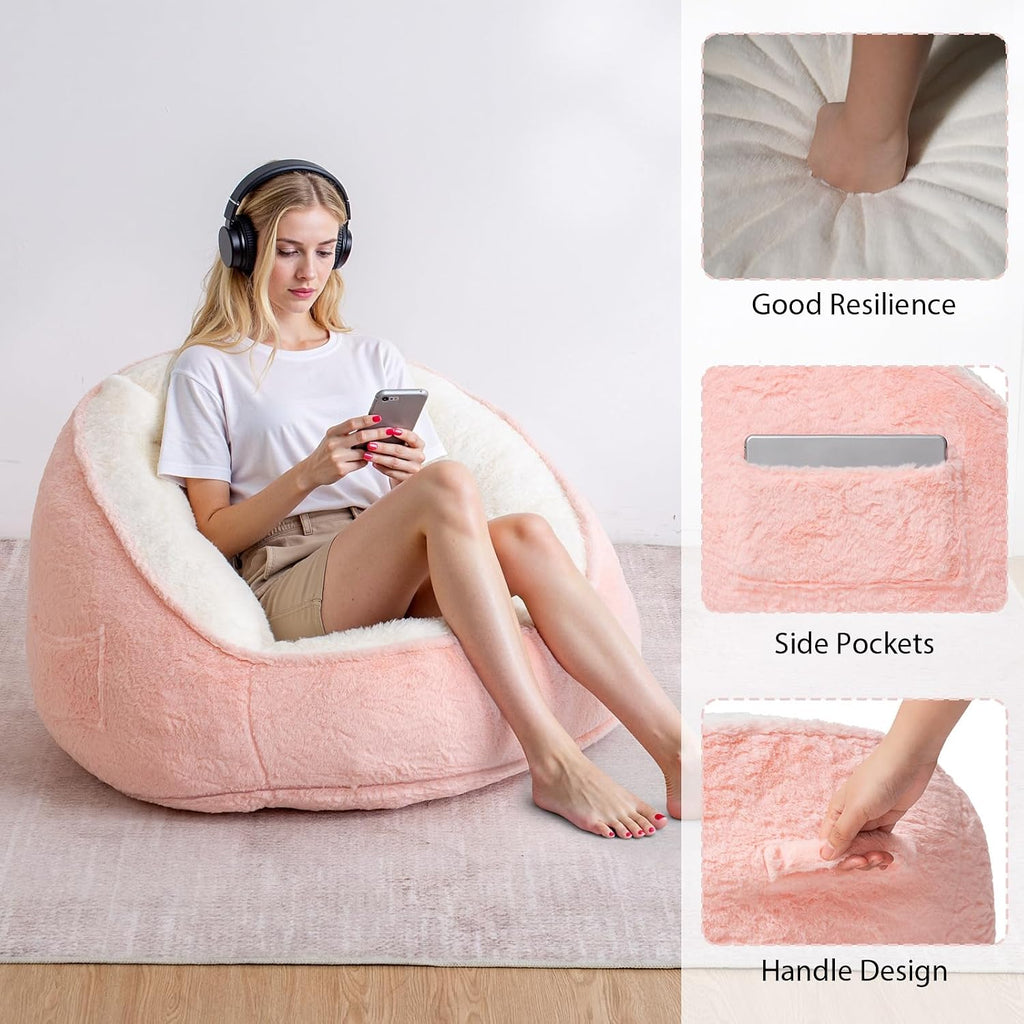 HOMMPA Bean Bag Chair for Teens Comfy Faux Fur Bean Bag Couch with Back Support Stuffed Lazy Floor Sofa for Living Room Bedroom Dorm Peach Pink