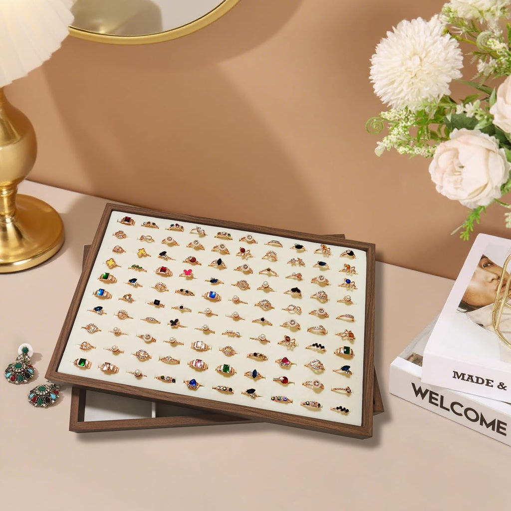 Large Jewelry Trays for Drawers Stackable Velvet Jewelry Display for Vendors Jewelry Drawer Organizer Inserts for Rings Necklace Bracelets Earrings and Studs Earrings (Beige, 100 Slot)