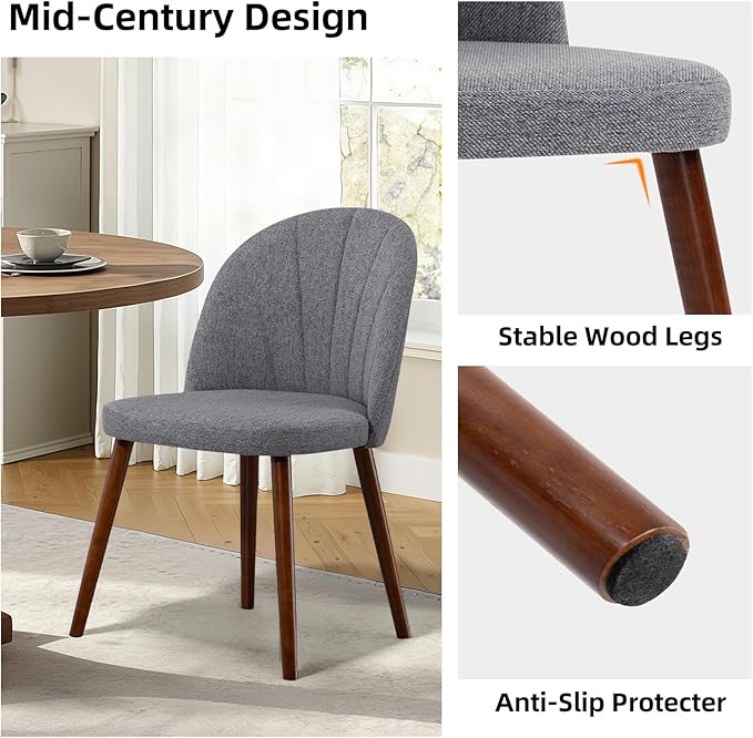 Fabric Dining Chairs Set of 2, Upholstered Mid Century Modern Dining Chairs, Armless Accent Chair with Walnut Wood Legs for Kitchen, Living Room, Dining Room, Grey