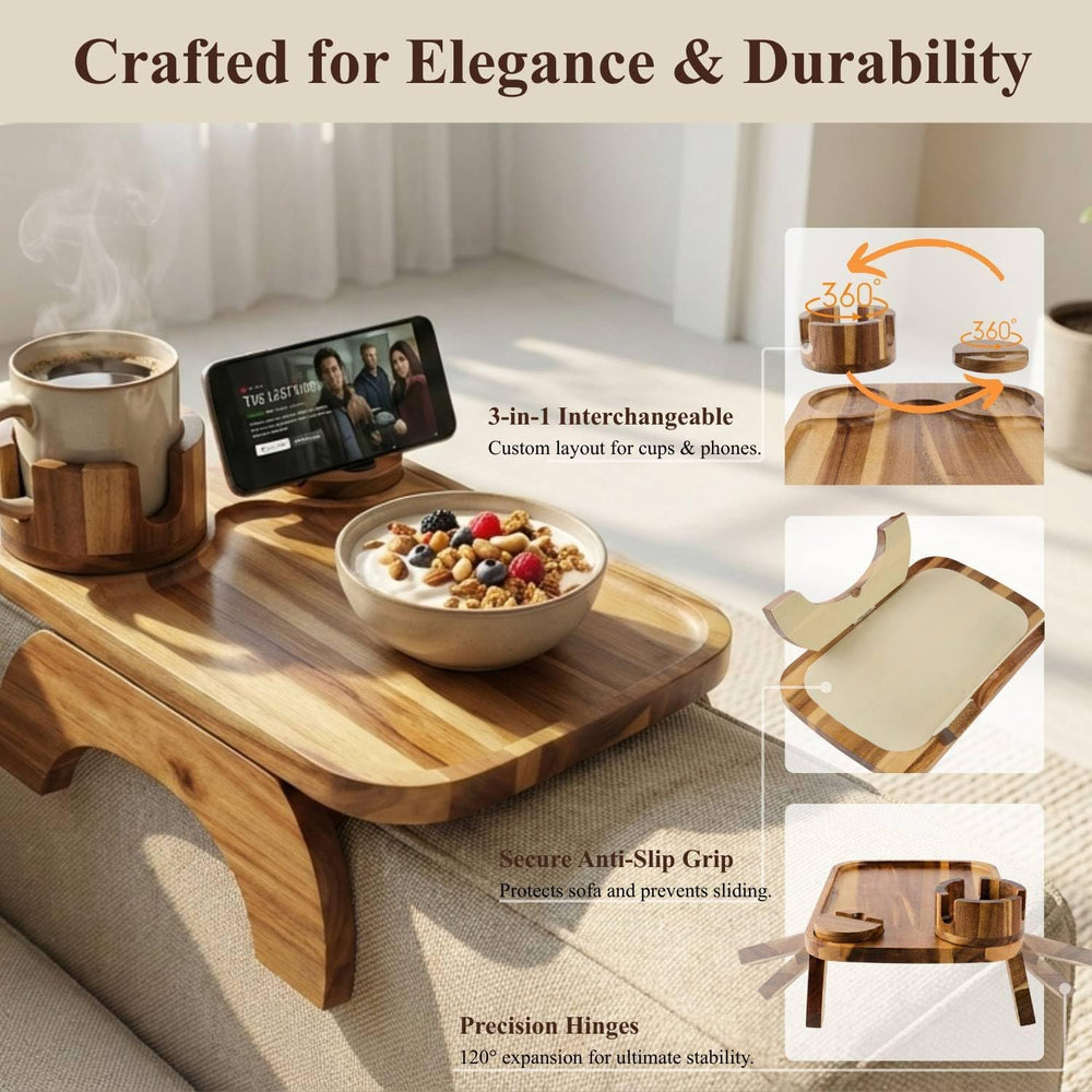 Couch Armrest Table, Acacia Wood Sofa Arm Tray with 360° Rotating Phone &...
