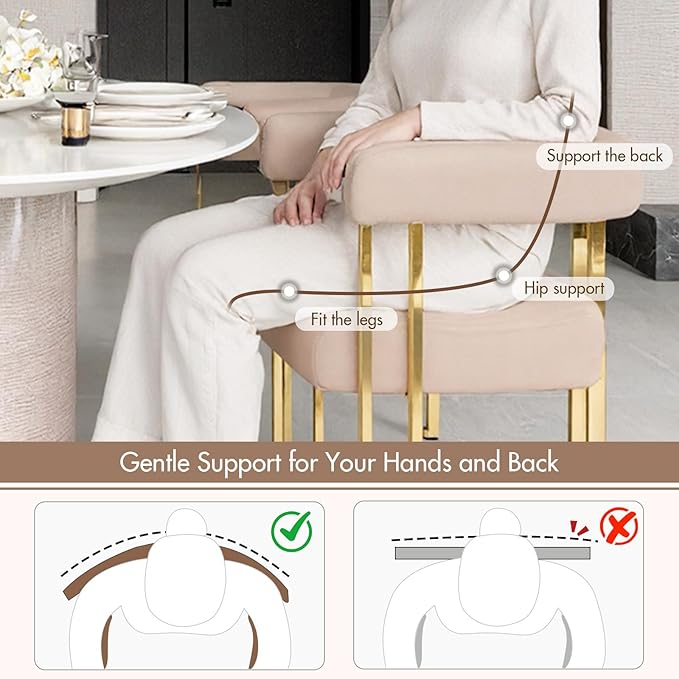 Velvet Dining Chairs Set of 4, Khaki Upholstered Barrel Armchairs with Gold M...