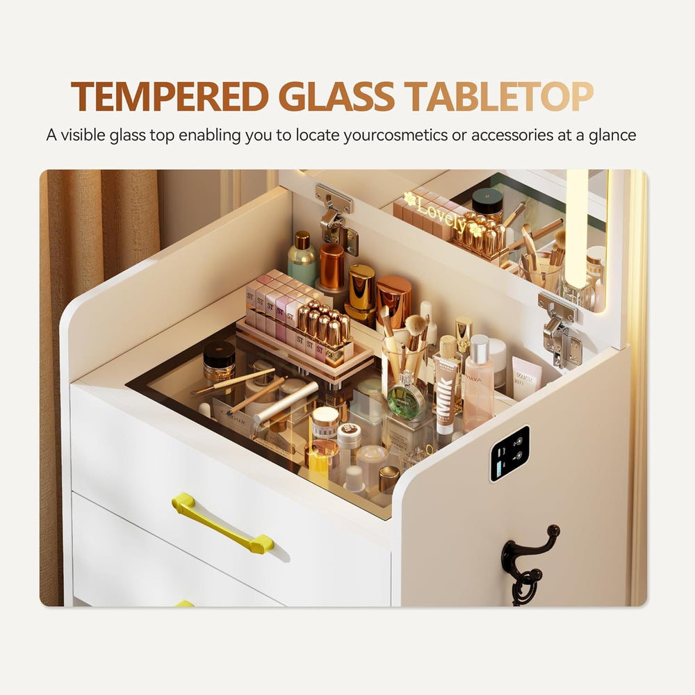Small Makeup Vanity Desk with Flip up Mirror and Lights(White) | 3 in 1 Vanit...