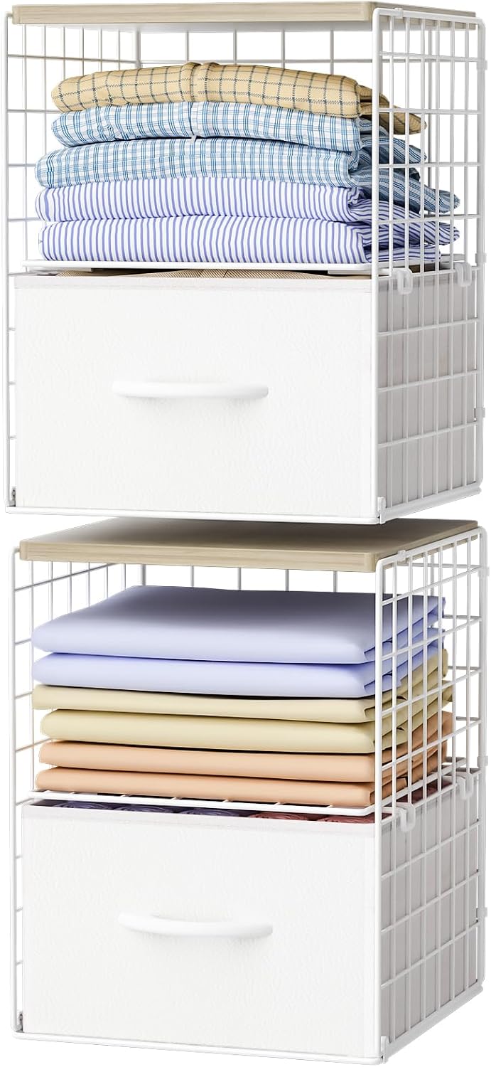 2 Pack Stackable Storage Drawers, Closet Organizers and Storage Shelves with Wooden Top & Adjustable Dividers, White Fabric Closet Drawer Organizer, Modular Storage Bins for Bedroom Wardrobe Apartment