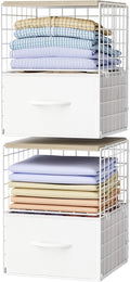 2 Pack Stackable Storage Drawers, Closet Organizers and Storage Shelves with Wooden Top & Adjustable Dividers, White Fabric Closet Drawer Organizer, Modular Storage Bins for Bedroom Wardrobe Apartment