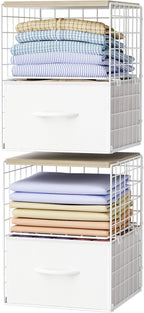 2 Pack Stackable Storage Drawers, Closet Organizers and Storage Shelves with Wooden Top & Adjustable Dividers, White Fabric Closet Drawer Organizer, Modular Storage Bins for Bedroom Wardrobe Apartment