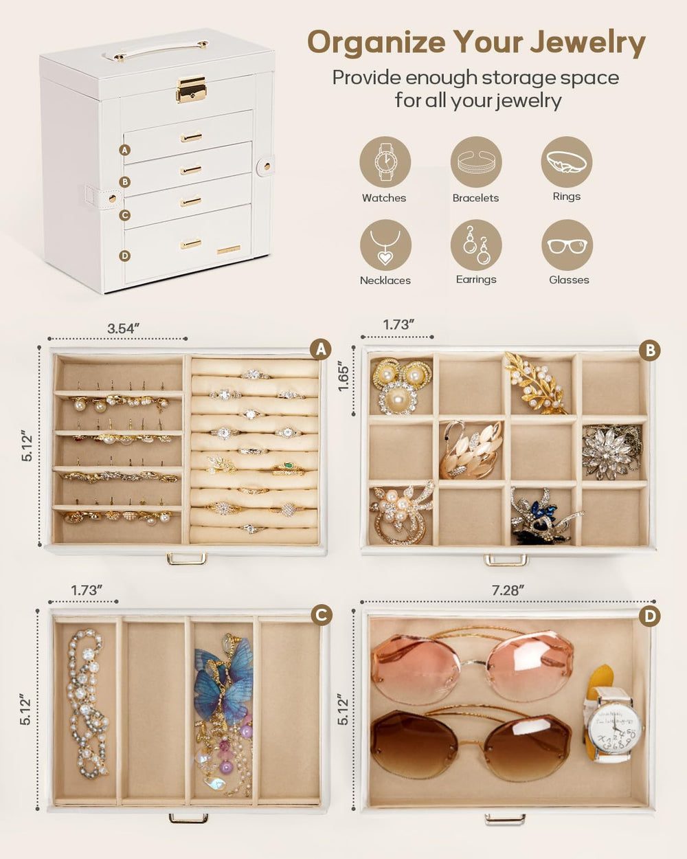 Homde Synthetic Leather Huge Jewelry Box Mirrored Watch Organizer Necklace Ri...