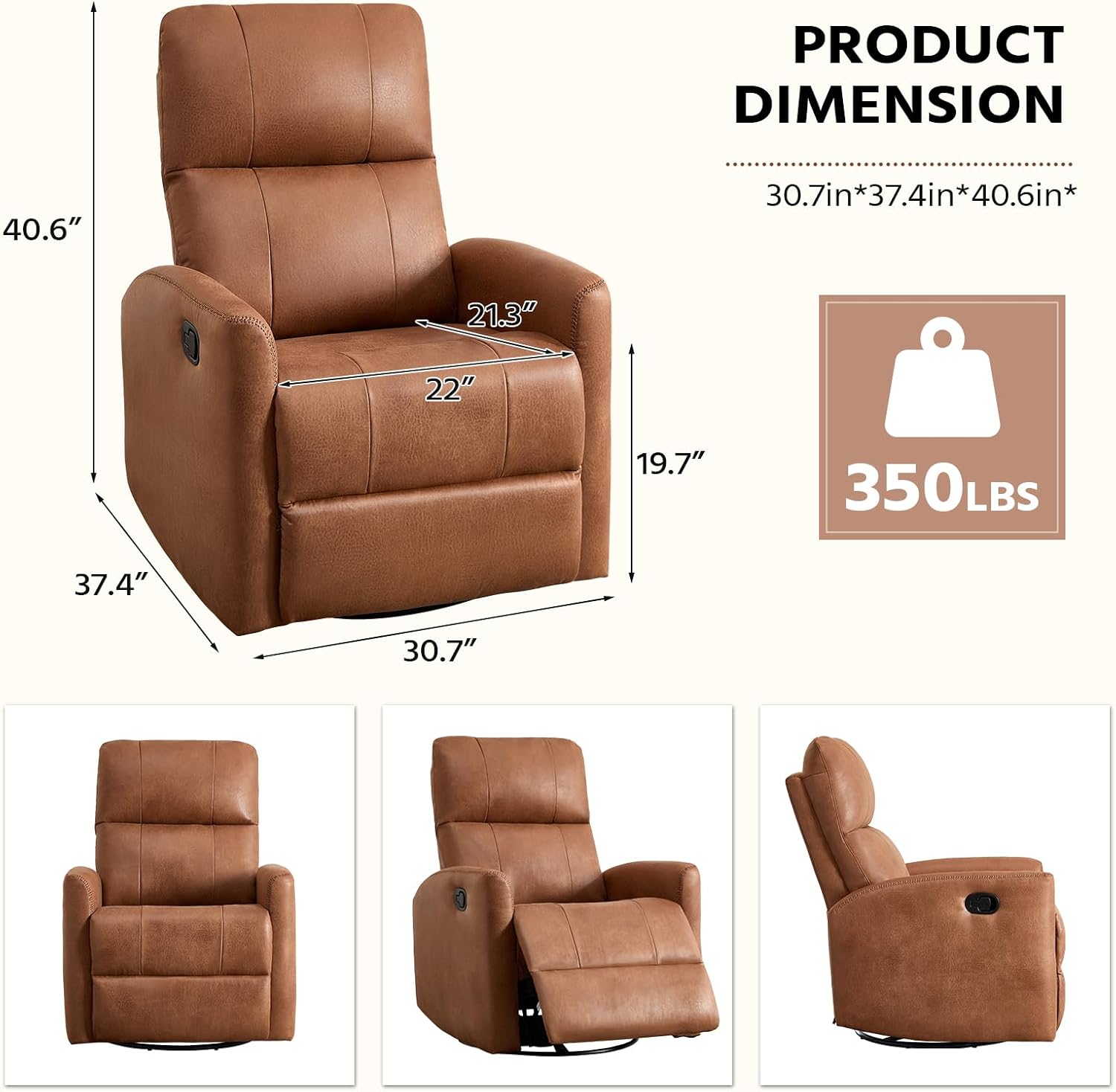 HAOMARKETS Swivel Rocker Recliner Chair Set of 2, Manual Faux Leather Glider Rocking Recliners for Adults, 360° Swivel Nursery Reclining Sofa with Padded Backrest for Living Room, Dark Brown