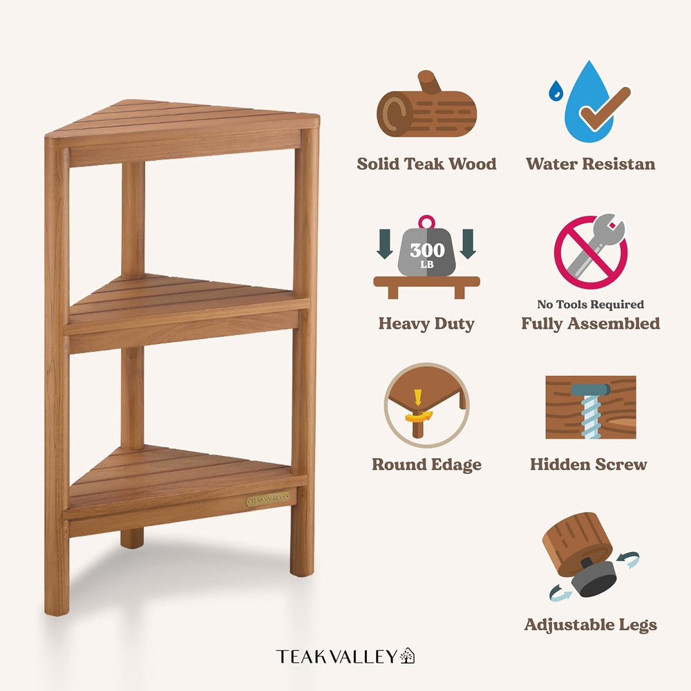 Fully Assembled Teak Corner Shower Shelf, Shower Caddy 26.5"