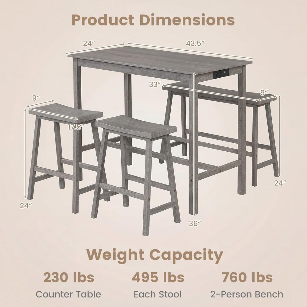 GIANTEX 4-Piece Counter Height Dining Table Set with Power Outlet, Solid Rubb...