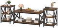 Bigbiglife Living Room Coffee Table Set of 3, Industrial X-Design Coffee Table and 2 End Side Tables, 3 Piece Living Room Table Set with Large Storage for Apartment Home (Rustic Brown)