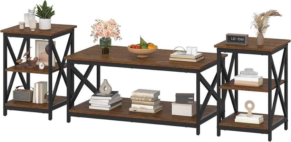 Bigbiglife Living Room Coffee Table Set of 3, Industrial X-Design Coffee Tabl...