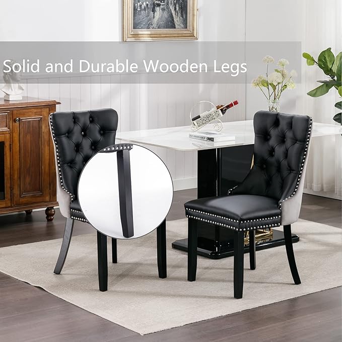 Dining Chairs Set of 6, Upholstered Dining Room Chairs with Back Ring Pull Trim and Solid Wood Legs, Modern Tufted Kitchen Chairs Perfect for Dining Room, Black Pu Leather Splicing Grey Velvet