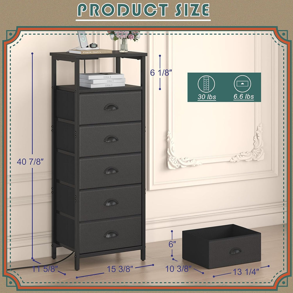 Nightstand with Charging Station,LED Black Nightstands with 5 Fabric Drawers ...