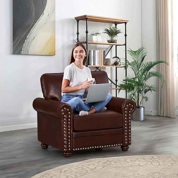 Faux Leather Accent Chair,35" W Upholstered Mid Century Modern Armchair with Rivet Rolled Arm,Deep Seat Comfy Single Sofa Chair for Living Room,Bedroom,Apartment,Office(Burgundy)