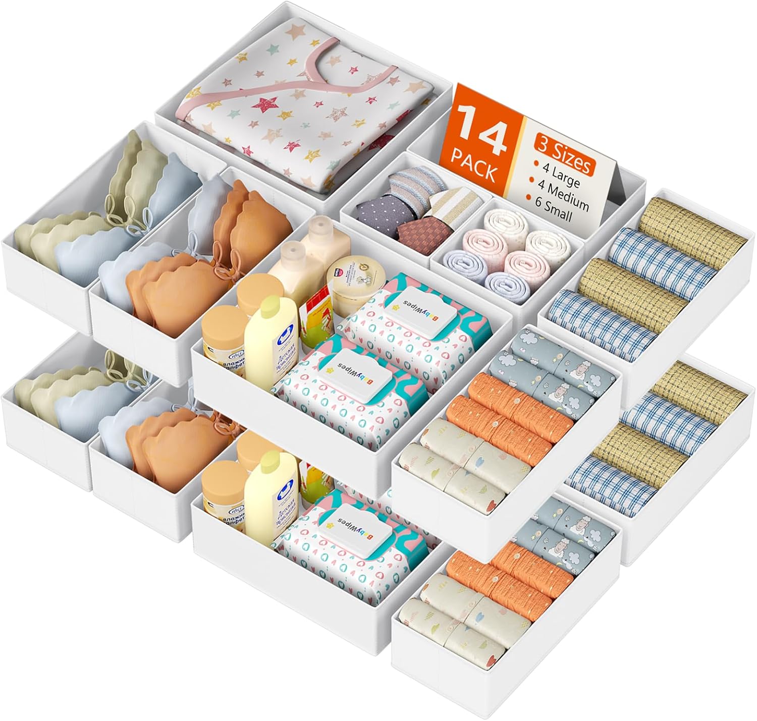 DIMJ Drawer Organizer Clothes, 14 Pack Dresser Organizer, Foldable Closet Organizers and Storage, Fabric Dresser Bins, Drawer Dividers for Nursery, Baby Clothes, Underwears, Sock (White)