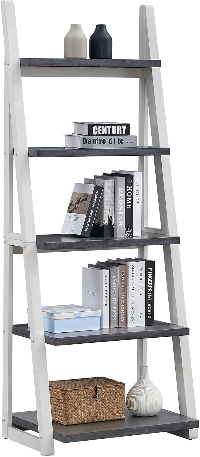 roomfitters 5-Tier Shelves, Modern A-Frame Ladder Bookshelf, Wooden Leaning Decorative Storage Display Rack, Grey and White