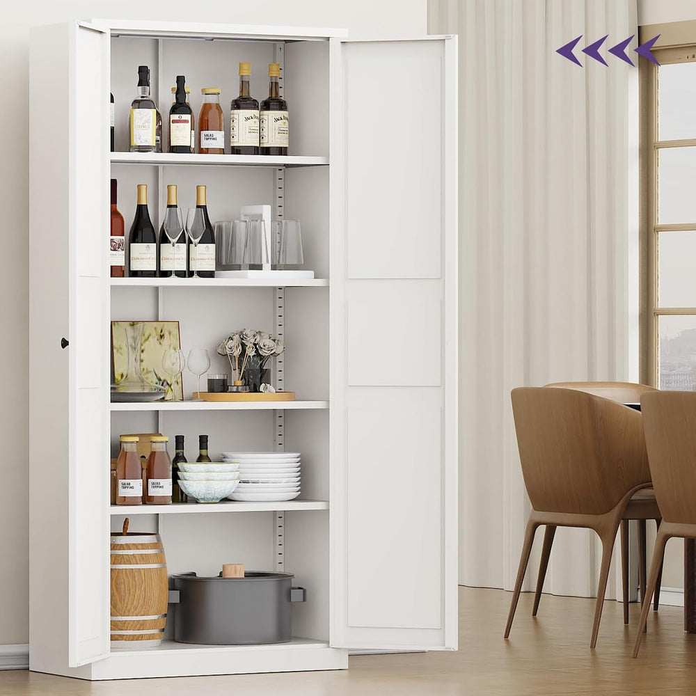 71"Kitchen Pantry Cabinet,White Metal Pantry Cabinet with 2 Doors & ...