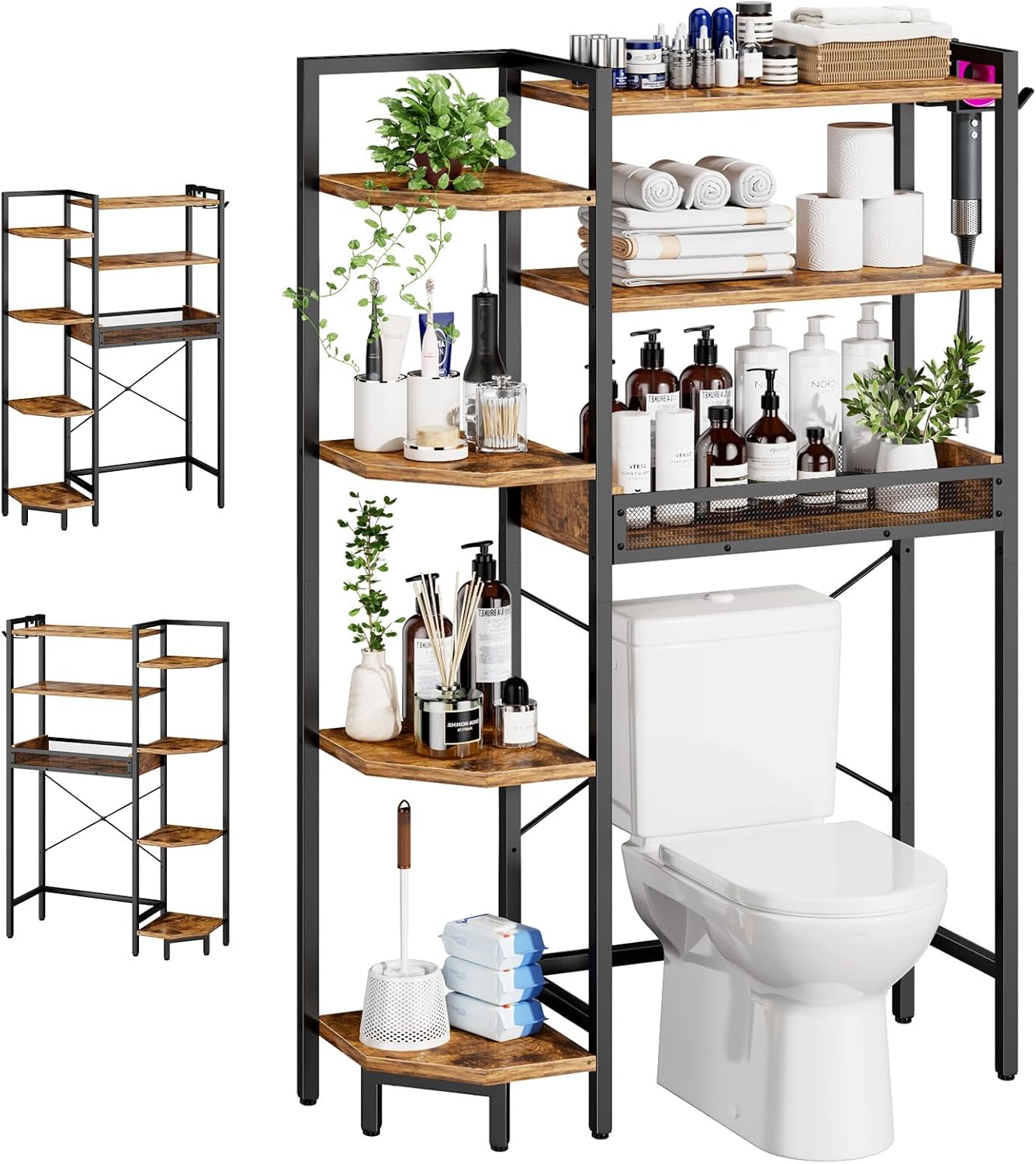 K1 Heavy Duty 7-Tier Over The Toilet Storage（With Basket and Paper Hook）Freestanding Above Toilet Shelf with Adjustable Feet，Space Saver Bathroom Shelves 9.3"D x 33.5"W x 63.8"H，Rustic Brown