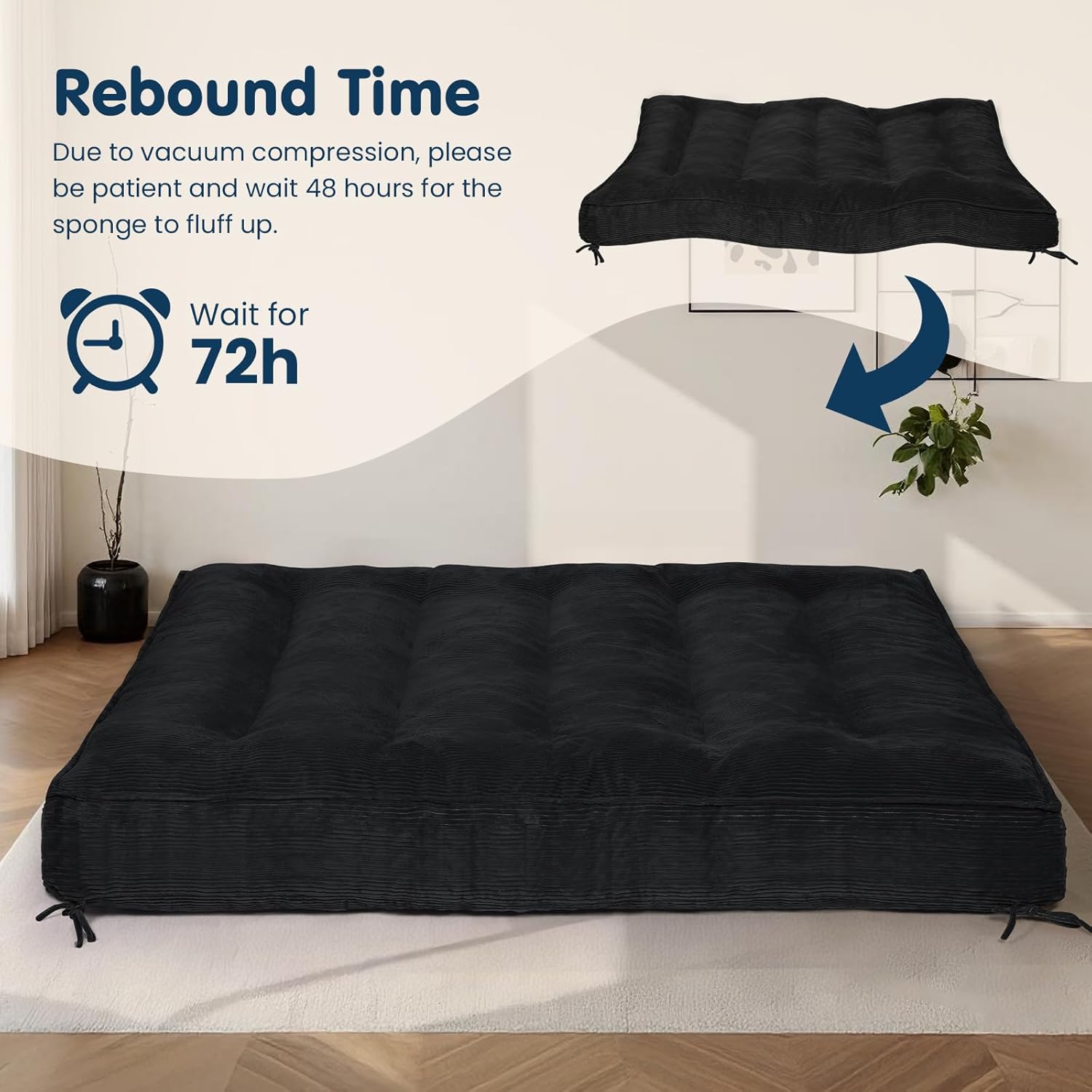 8 Inch Futon Mattress Full Size, Futon Floor Sofa Bed Foldable with Soft Corduroy Fabric - High Resilience Foam Filling - 2 Storage Straps for Home, Guest Room, Dorm, Black (Frame Not Included)