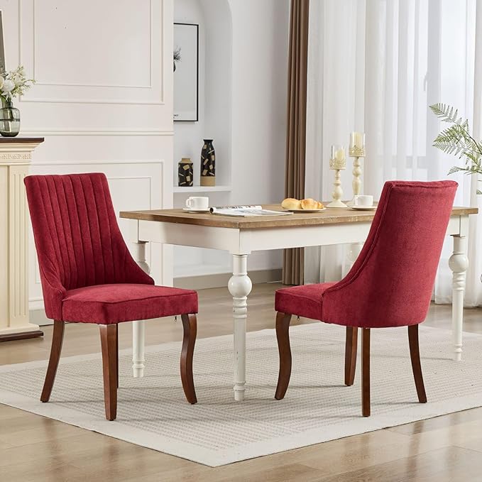 Dining Chairs Set of 2,Comfy Fabric Upholstered Accent Chairs for Kitchen Living Room,Channel Tufted Dining Room Chairs with Curved Solid Wood Legs(Wine Red)