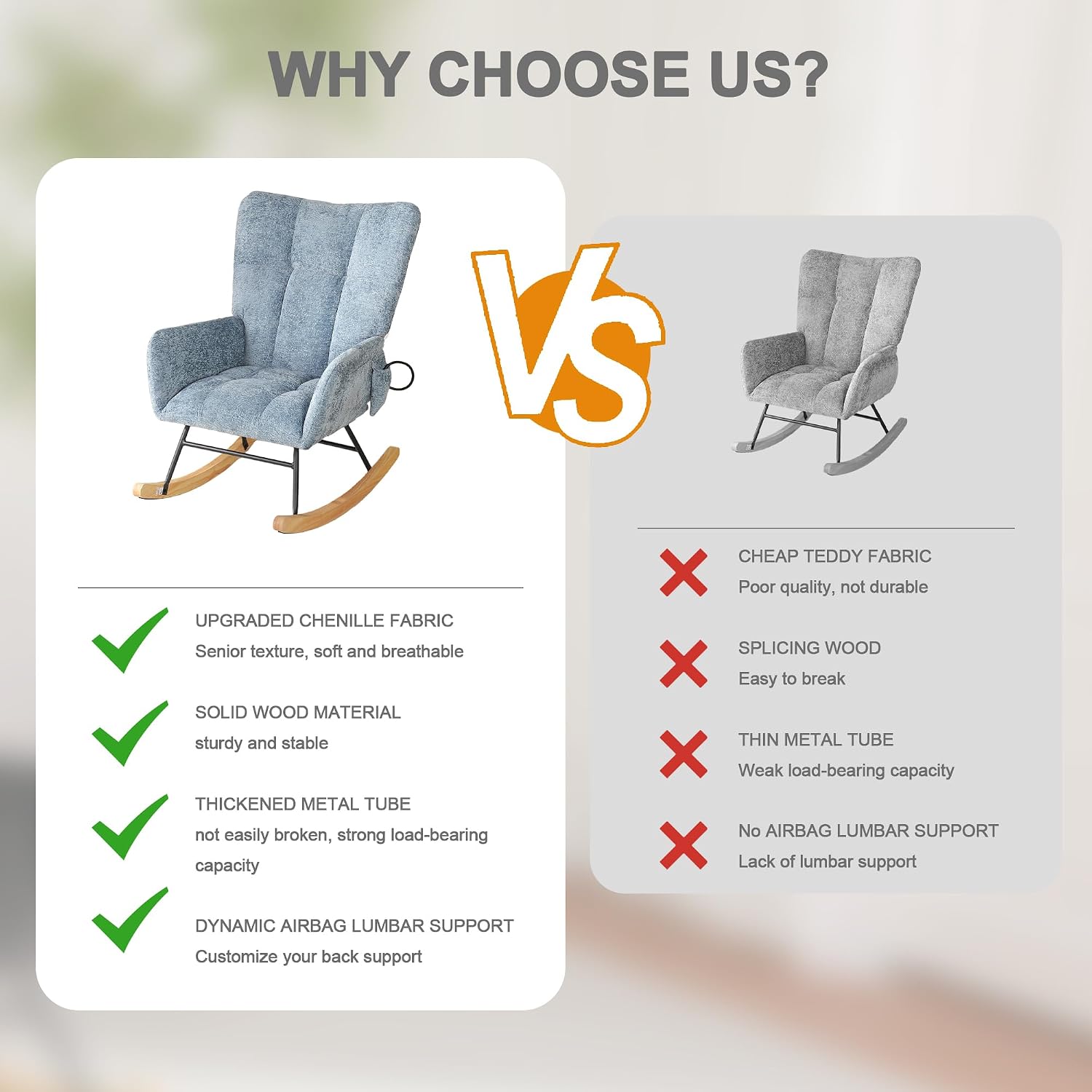 Rocking Chair Nursery, Comfy Modern Nursery Rocking Reading Chair Indoor, Cozy Upholstered Glider Rocker Chairs for Living Room Bedroom Offices, Sillas Mecedoras(Chenille, Blue)