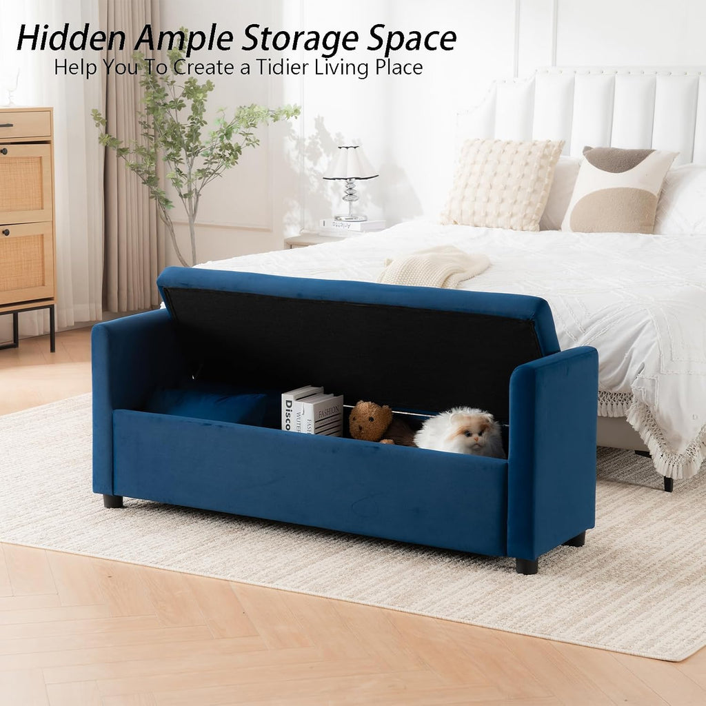 55" Navy Storage Bench for Bedroom King Size Bed, Velvet | Long Ottoman, Modern End of Bed Bench, with Arm, Upholstered, For Bedroom/Living Room/Window/Entryway