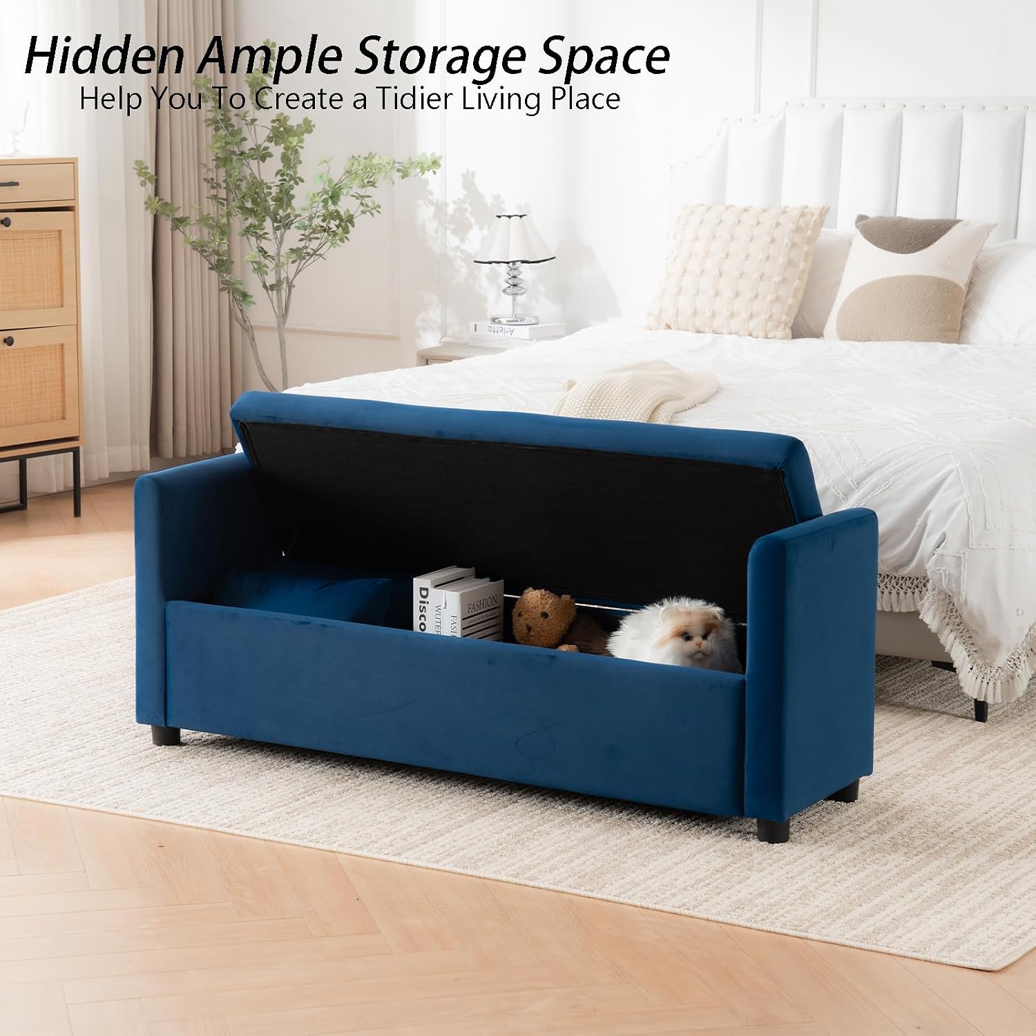 55" Navy Storage Bench for Bedroom King Size Bed, Velvet | Long Ottoman, Modern End of Bed Bench, with Arm, Upholstered, For Bedroom/Living Room/Window/Entryway