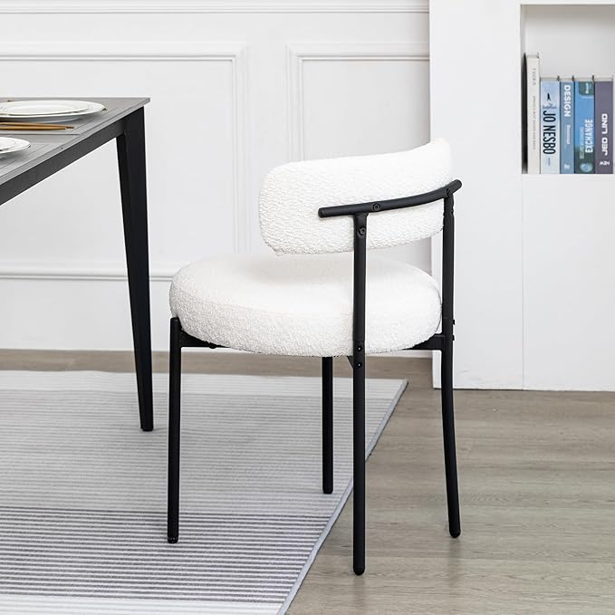 DYHOME White Dining Chair One Chair for Kitchen Dining Room,Upholstered Boucle Dining Chair with Black Metal Legs, Curved Backrest Modern Dining Room Chair
