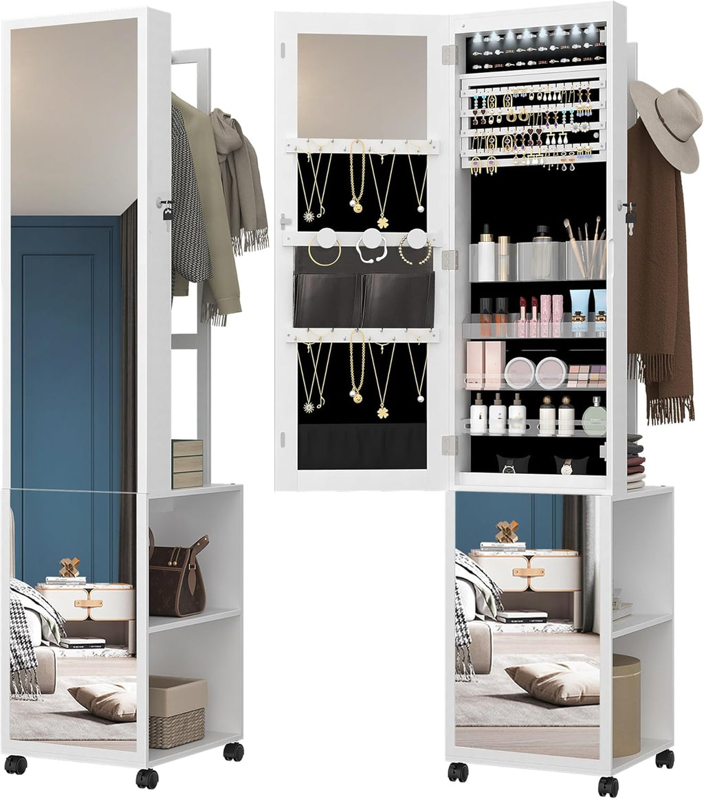 Hzuaneri 8 LEDs Jewelry Cabinet Armoire, 66.9-inch Jewelry Organizer | Lockable Full-length Mirror with Garment Rack & 4 Wheels, Storage Shelves with Hooks, 5-in-1, White and Beige JC17003B