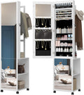 Hzuaneri 8 LEDs Jewelry Cabinet Armoire, 66.9-inch Jewelry Organizer | Lockable Full-length Mirror with Garment Rack & 4 Wheels, Storage Shelves with Hooks, 5-in-1, White and Beige JC17003B